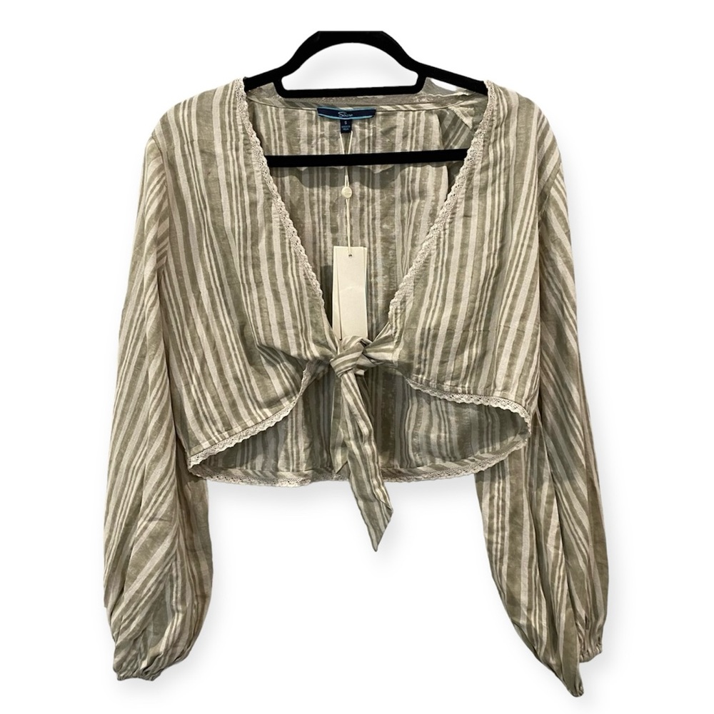 Shore New with Tags Vertical Stripe Front Tie Crop Top Cream Tan Small